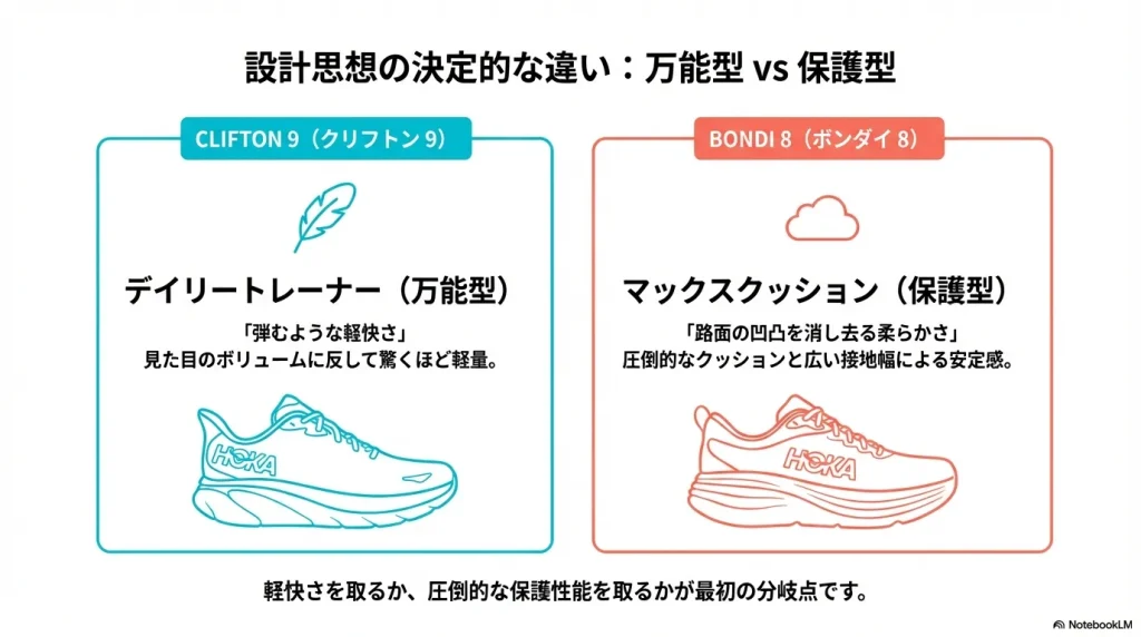 クリフトンの万能性とボンダイの保護性能の違いを対比させた設計思想の解説図。