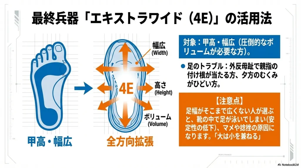 甲高・幅広・外反母趾の方に向けた、全方向に容積が拡張されたエキストラワイドモデルの解説。