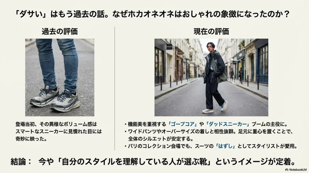 過去の「奇妙なボリューム感」という評価から、現在の「おしゃれの象徴」への変化。パリコレ等での活用事例の解説。