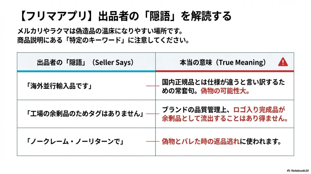 「海外並行輸入品」「工場の余剰品」「ノークレーム・ノーリターン」といった言葉が持つ、偽物の可能性を示唆する本当の意味の解説表。
