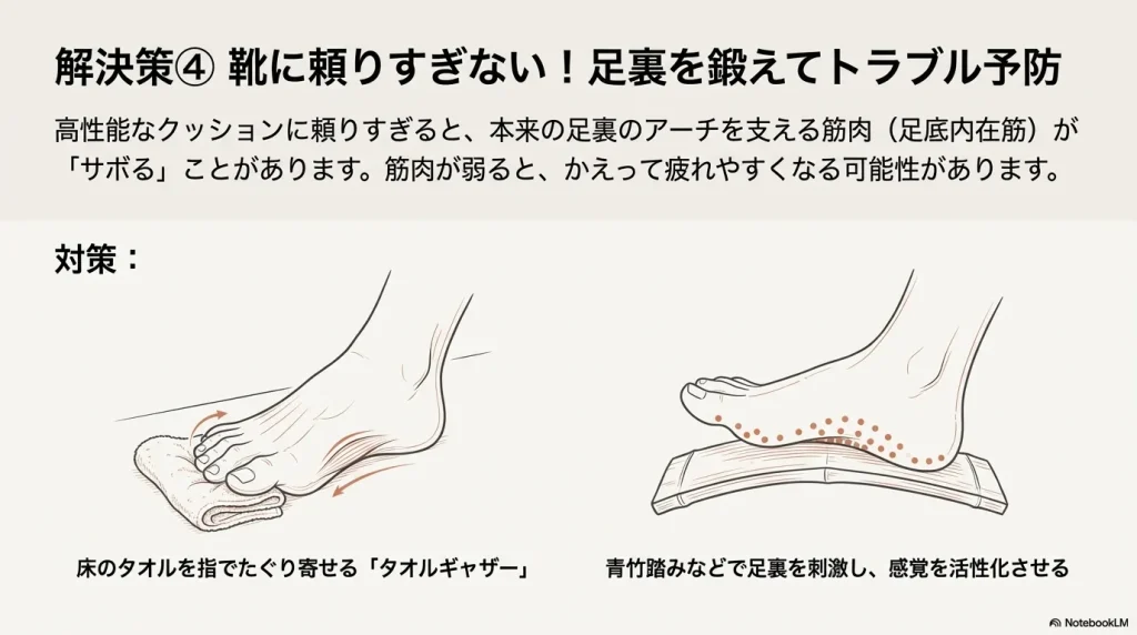 タオルを指で手繰り寄せるタオルギャザーや、青竹踏みで足裏を刺激するトレーニングのイラスト。