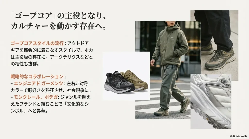 アウトドアギアを都会的に着こなすゴープコアスタイルのスナップと、エンジニアドガーメンツやモンクレールとのコラボレーション実績をまとめたスライド。