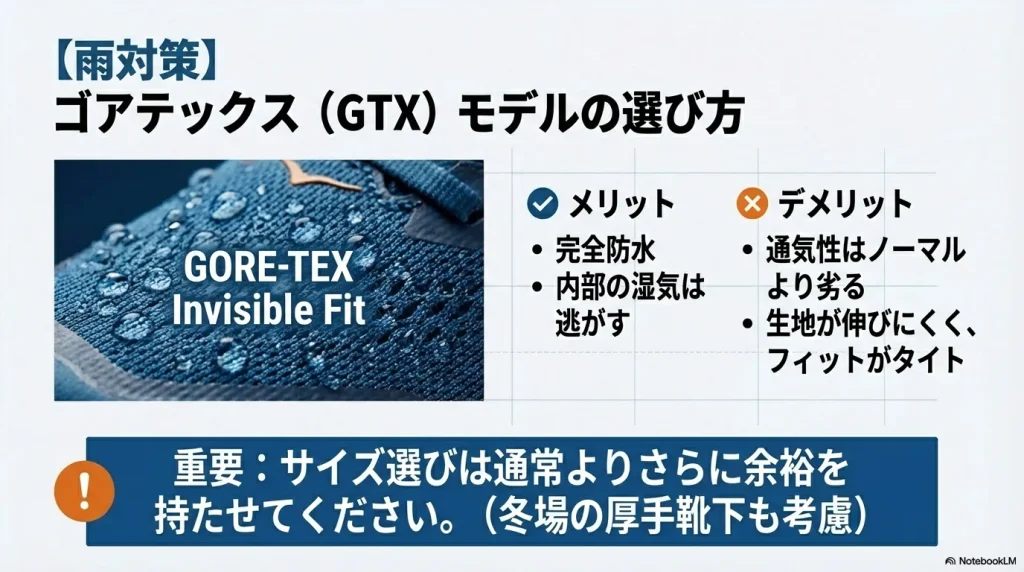 雨対策用ゴアテックスモデルの選び方。完全防水のメリットと、通気性やフィッティングがタイトになるデメリットを比較した表。