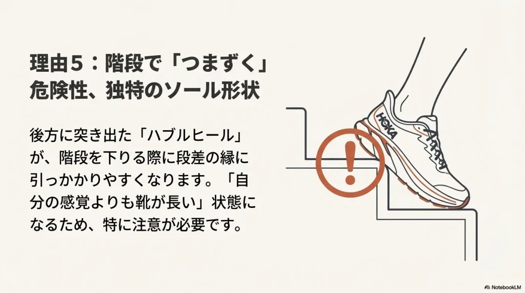 ホカオネオネの後方に突き出たハブルヒールが、階段を下りる際に段差の縁に引っかかる危険性を示した図解。