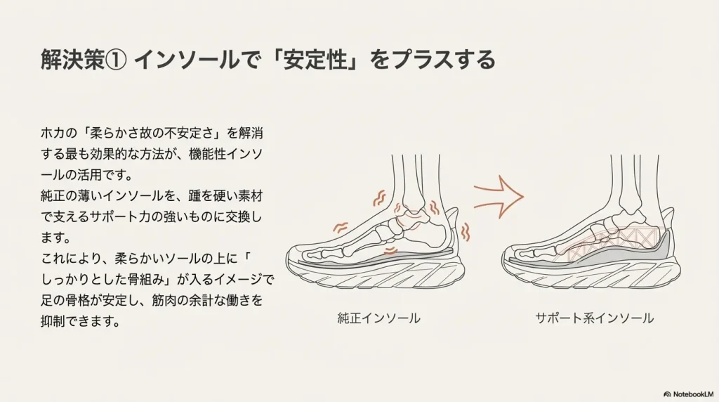 純正インソールとサポート系インソールの違いを示し、硬い素材で踵を支えることで筋肉の余計な働きを抑えるイメージ図。