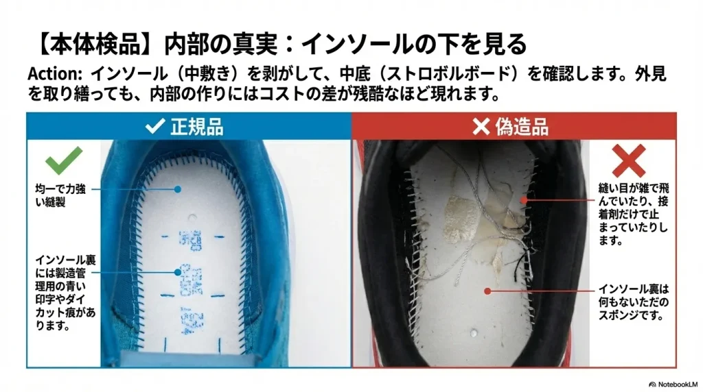 均一で力強い正規品の中底縫製と、雑で接着剤がはみ出している偽造品の内部構造の比較。