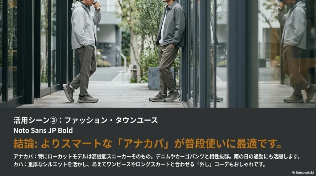 アナカパのスマートな街履きスタイルと、カハの「外し」コーデの提案。