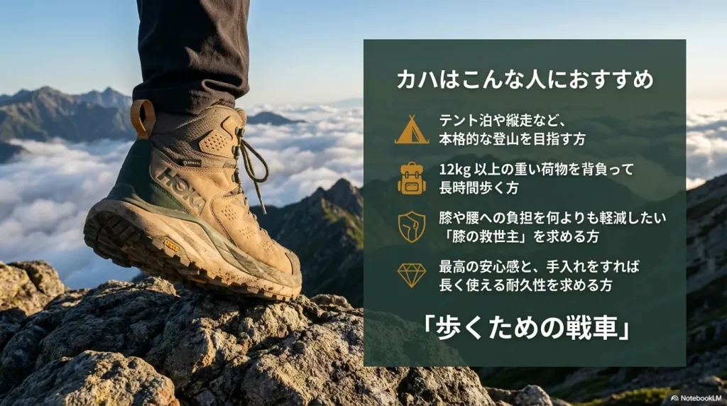 テント泊、重装備、膝や腰への負担を軽減したい人など、カハが最適なユーザー層のまとめ。