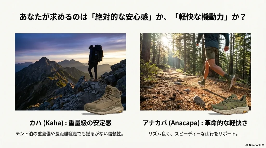 山岳地帯を歩くカハ(重量級の安定感)と、森を歩くアナカパ(革命的な軽快さ)の対比。