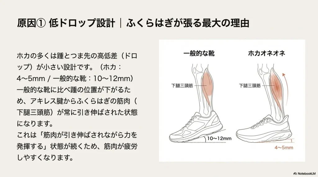 一般的な靴（$10\sim12\text{mm}$）とホカ（$4\sim5\text{mm}$）のドロップ差を比較し、ふくらはぎの筋肉が引き伸ばされる仕組みを示すイラスト。 4