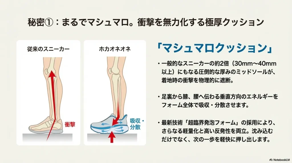 一般的なスニーカーとホカオネオネの着地衝撃の伝わり方の比較図。ホカの極厚ソールが衝撃を分散する仕組みの解説。