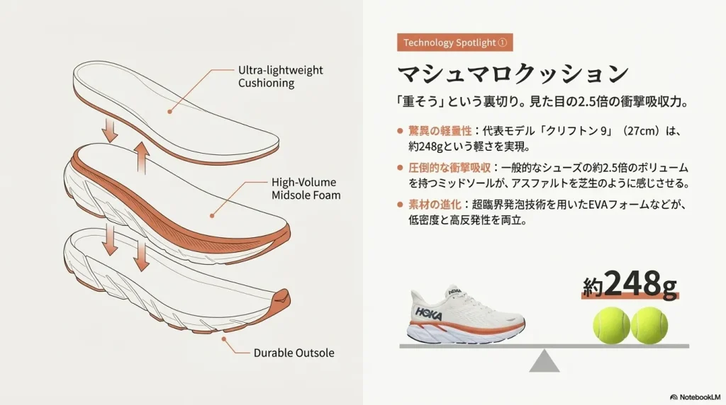 クリフトン9（27cm）が約248gであることをテニスボール2個分と比較し、一般的なシューズの2.5倍のボリュームを持つミッドソール構造を図解したスライド。