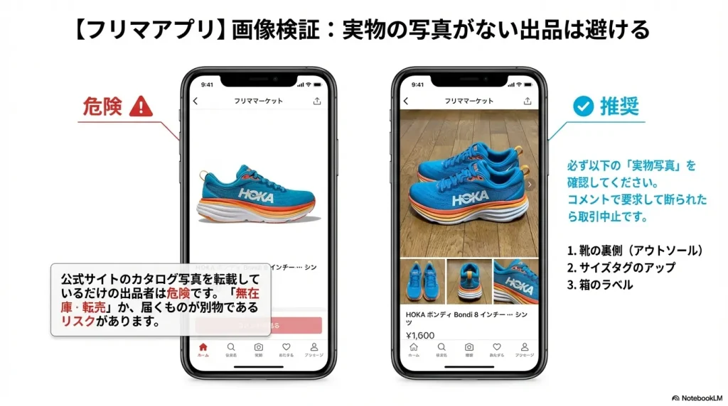 公式カタログの転載（危険）と、靴底・タグ・箱のラベルなど実物写真が掲載されている（推奨）出品画面の比較。