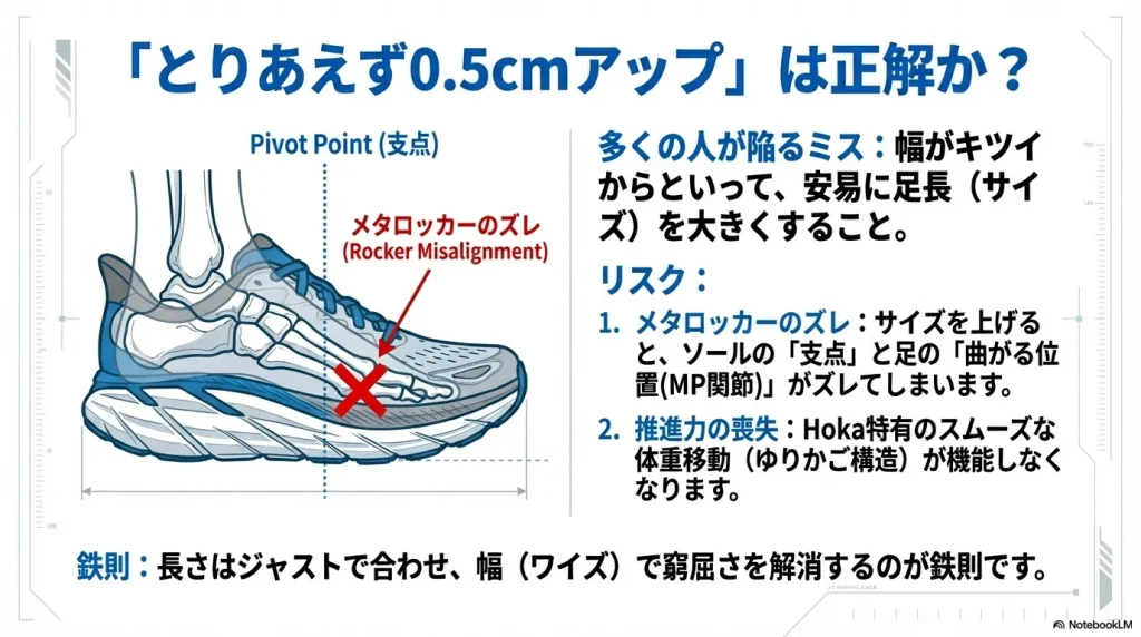足の曲がる位置とソールの支点がズレるリスクを図解し、長さではなく幅（ワイズ）で調整することの重要性を示すスライド。