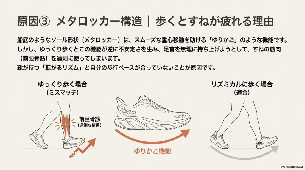ゆっくり歩く際に不安定さを補おうとして、すねの筋肉（前脛骨筋）を過剰に使ってしまうメカニズムの解説図。