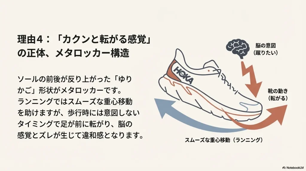 靴の「転がる」動きと脳の「蹴りたい」意図がズレることで、歩行時に違和感が生じるメタロッカー構造の図解。