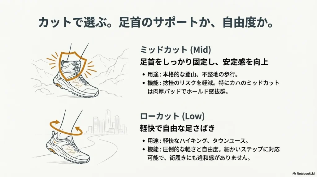 足首をしっかり固定するミッドカットと、軽快で自由な足さばきを可能にするローカットの用途別比較。