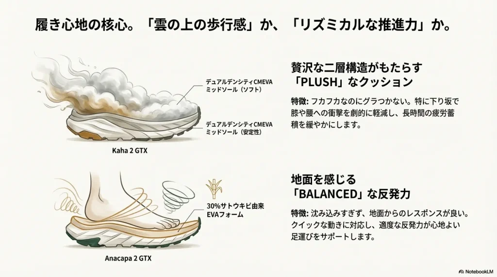 カハの二層構造CMEVAミッドソールと、アナカパのサトウキビ由来EVAフォームの構造図。