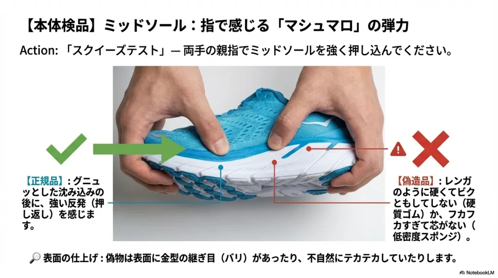両手の親指でミッドソールを押し、グニュッとした沈み込みと反発を確認する手順。