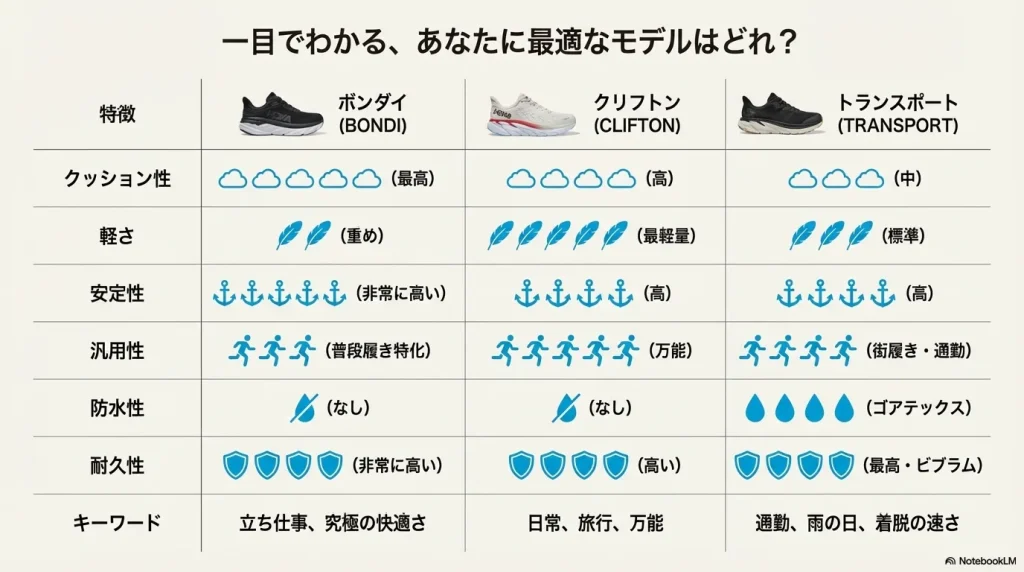 ボンダイ、クリフトン、トランスポートのクッション性、軽さ、防水性、用途をまとめた比較一覧表。
