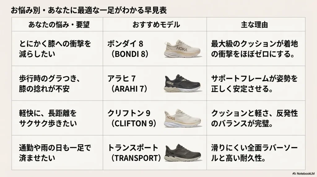 膝の衝撃、歩行のグラつき、長距離ウォーキング、通勤・雨の日など、悩み別に推奨されるボンダイ、アラヒ、クリフトン、トランスポートの比較表。