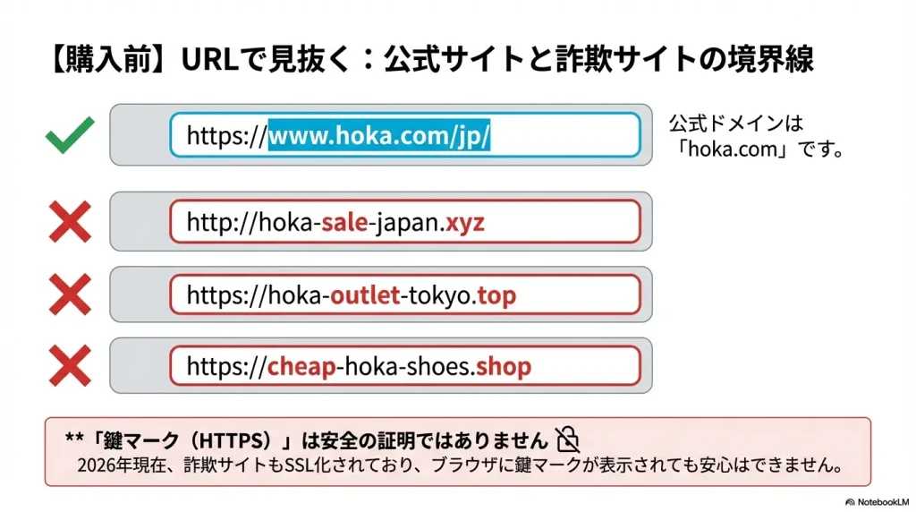 正しい公式サイトのドメイン「hoka.com」と、注意すべき詐欺サイトのURL例（hoka-sale、hoka-outlet等）の比較表。