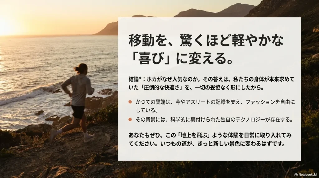「移動を、驚くほど軽やかな『喜び』に変える。」というメッセージとともに、圧倒的な快適さがQOLを高めることをまとめた最終スライド。