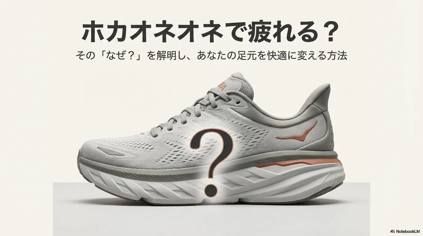 ホカオネオネのシューズにクエスチョンマークが表示され、疲れや痛みの原因を解明することを示唆するアイキャッチ画像。