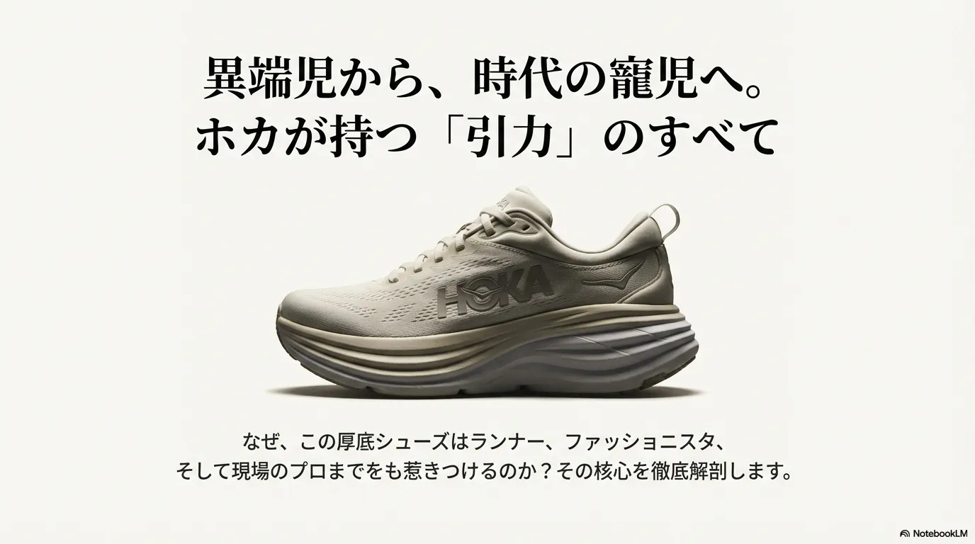 HOKAの厚底シューズのサイドビュー写真に「異端児から、時代の寵児へ。ホカが持つ『引力』のすべて」というキャッチコピーが添えられたスライド画像。