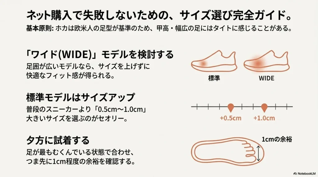 欧米基準の足型を考慮したワイドモデルの検討や、夕方の試着、つま先の1cmの余裕など、具体的なフィッティングのコツを記したスライド。