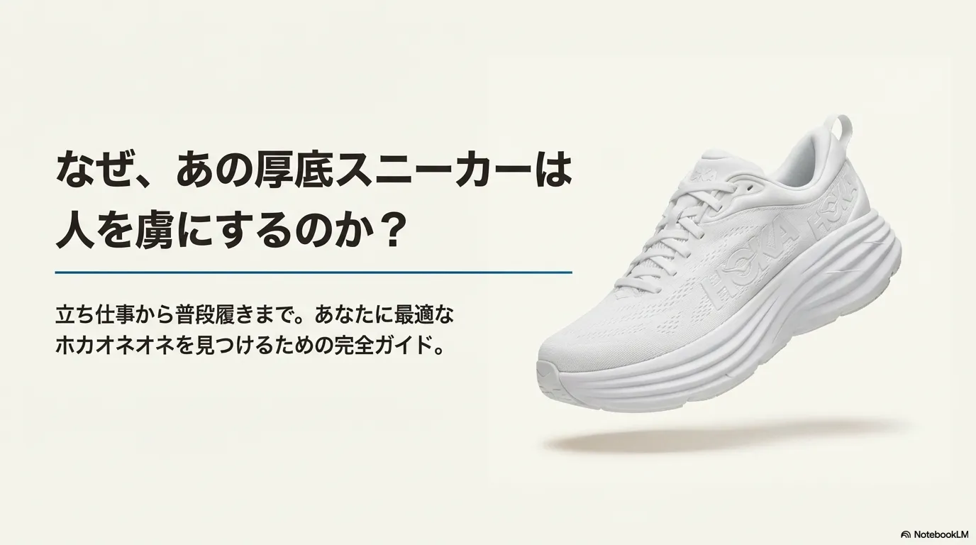 ホカオネオネの白い厚底スニーカー「ボンダイ」の製品画像と、ブランドの魅力を問うキャッチコピー。