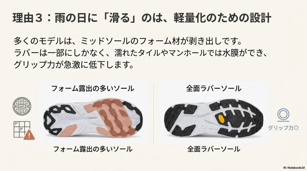 軽量化のためにフォームが露出したソールと、全面ラバーソールの比較。雨の日にグリップ力が低下する原因の解説。