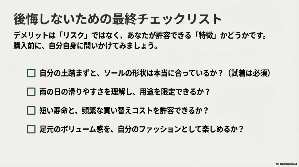 土踏まずの適合、雨の日の理解、買い替えコストの許容、ファッション性の楽しみの4項目からなるチェックリスト。