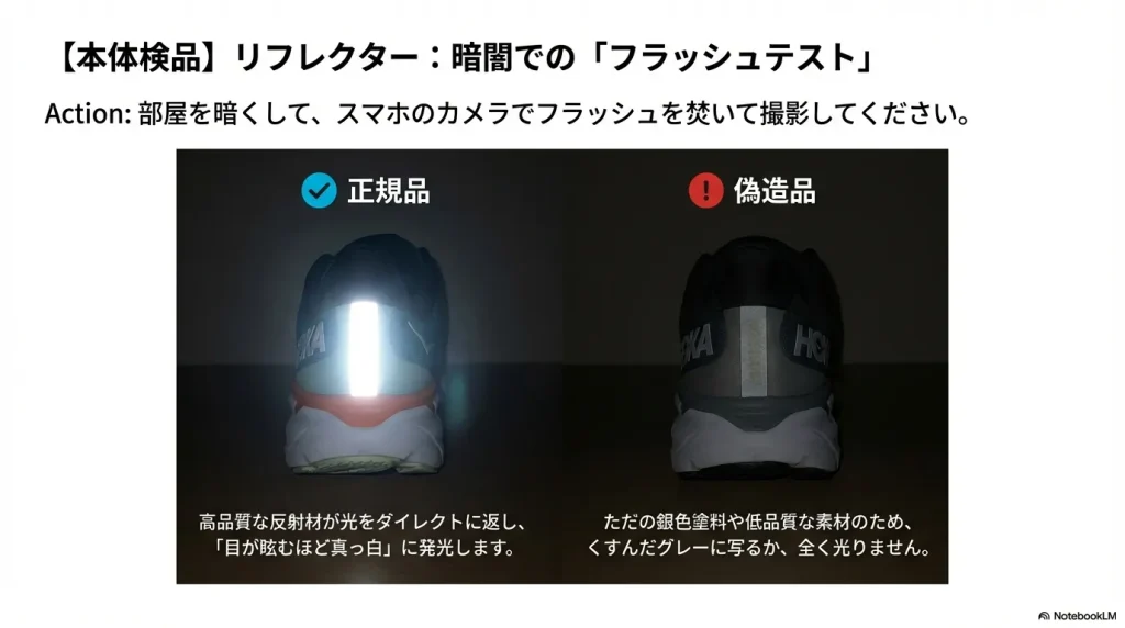 スマホのフラッシュで真っ白に光る正規品と、くすんだグレーに写る偽物のリフレクター比較。