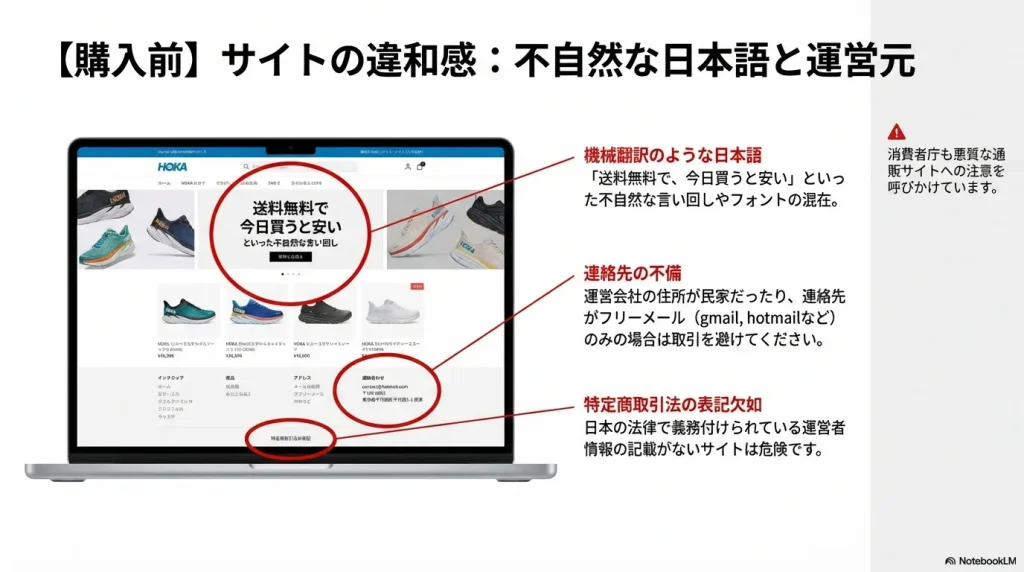 機械翻訳のような日本語や、連絡先の不備、特定商取引法の表記欠如など、詐欺サイトの特徴をまとめたスライド。