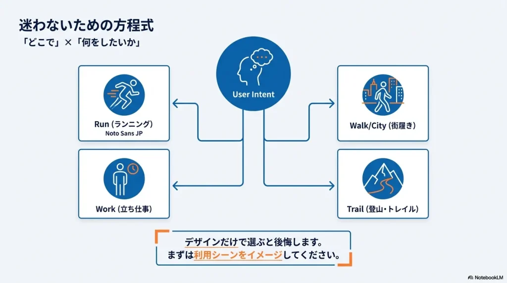 ホカオネオネ選びの方程式「どこで」&times;「何をしたいか」を示す図。ランニング、街履き、立ち仕事、登山・トレイルの4つのカテゴリー分け。