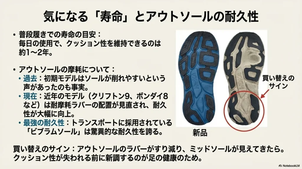 新品のソールと摩耗したソールの比較写真。ミッドソールが見えてきた際の買い替えタイミングの解説。