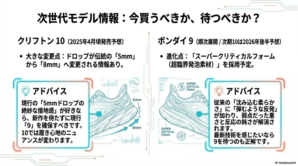 クリフトン10のドロップ変更とボンダイ9の新素材採用に関する最新情報スライド。
