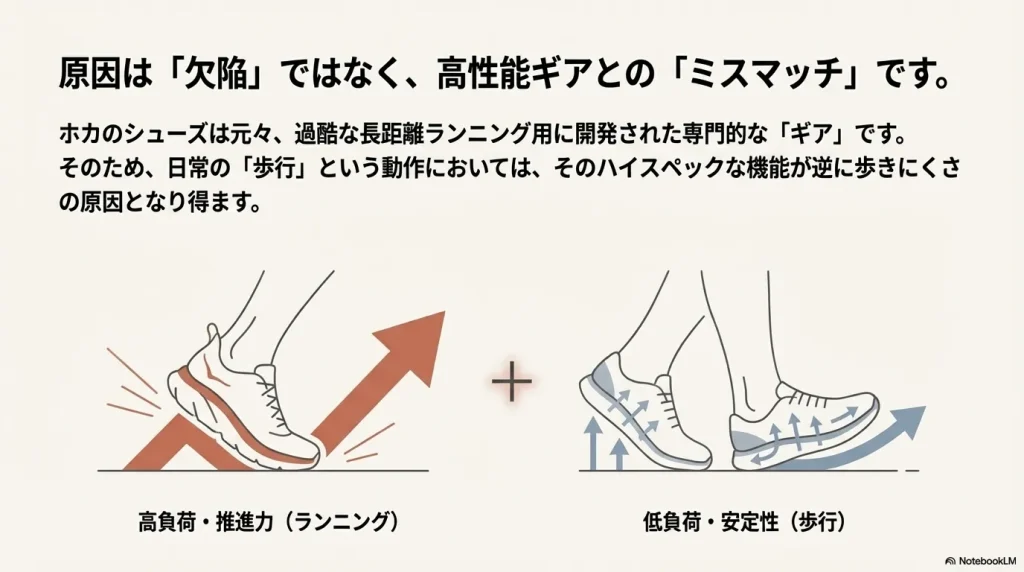 高負荷なランニング用の推進力設計が、低負荷な歩行時には安定性を欠く原因になり得ることを示す比較図解。