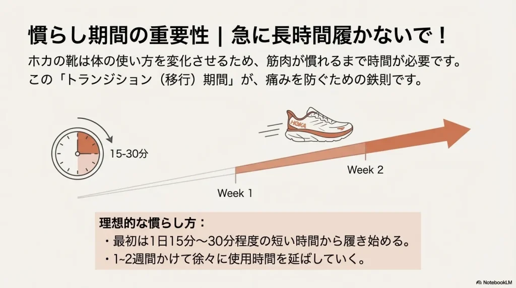 最初の1〜2週間は1日15〜30分から始め、徐々に時間を延ばしていくトランジション期間のスケジュール図。