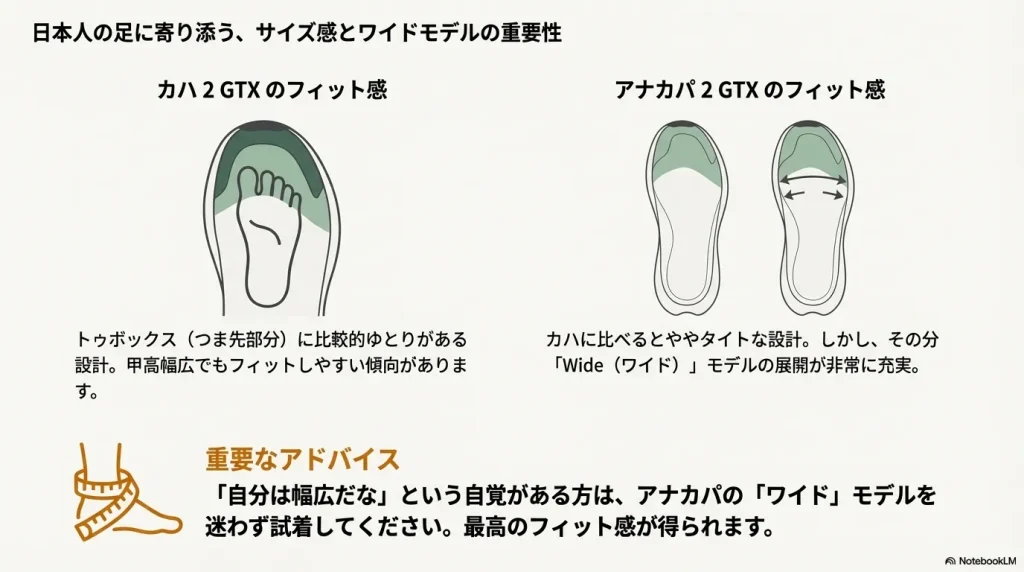 カハのゆとりあるトゥボックスと、アナカパのタイトな設計およびワイドモデルの重要性を示すイラスト。