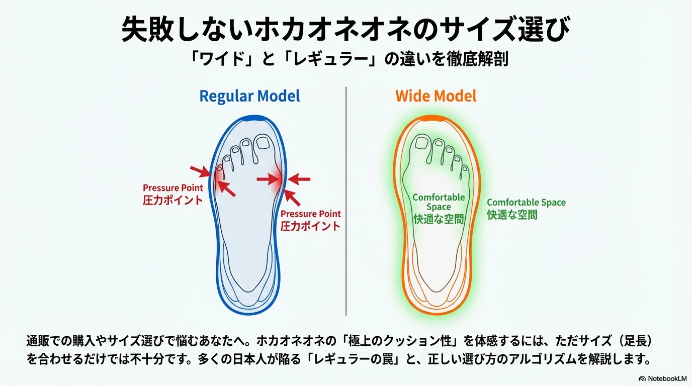 ホカオネオネのシューズにおけるレギュラーモデルの圧力ポイントと、ワイドモデルの快適な空間を比較した図解。