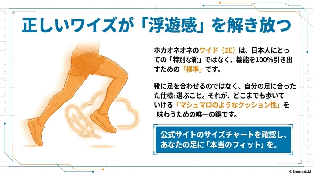 日本人の標準、特定モデルの購入予定、他社ブランドの使用状況などから、自分に合うホカのサイズを最終確認するためのフローチャート。