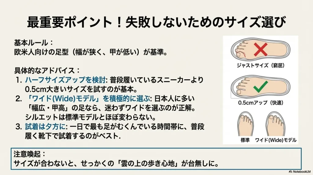 0.5cmアップの検討や、日本人に適したワイドモデルの選択、夕方の試着を推奨するサイズ選びのガイド。