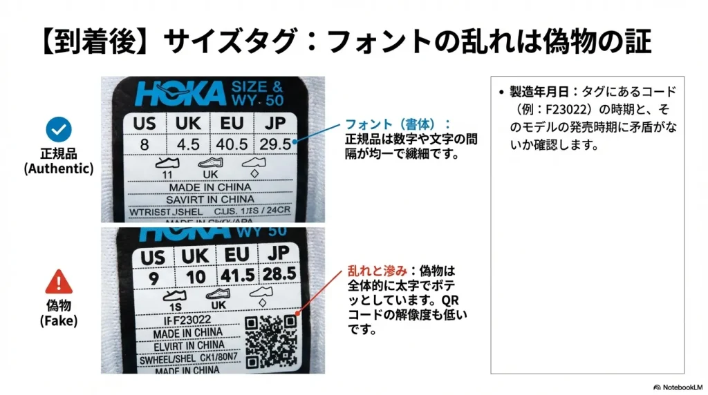 均一で繊細な正規品のフォントと、太字で滲みがある偽物のタグ、およびQRコードの解像度の違い。