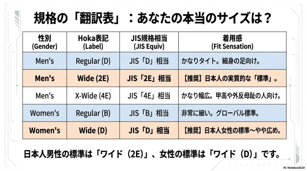 男女別のホカ表記（D, 2E, 4E等）とJIS規格、および推奨される着用感をまとめた換算表スライド。