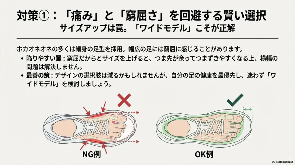 無理なサイズアップによるつま先の余り（NG例）と、足幅に合わせたワイドモデルの適切なフィット感（OK例）の比較図。