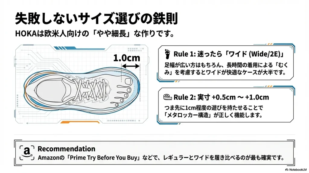 実寸に対し $0.5cm\sim1.0cm$ の遊びを持たせることやワイド幅の選択を推奨する解説図。