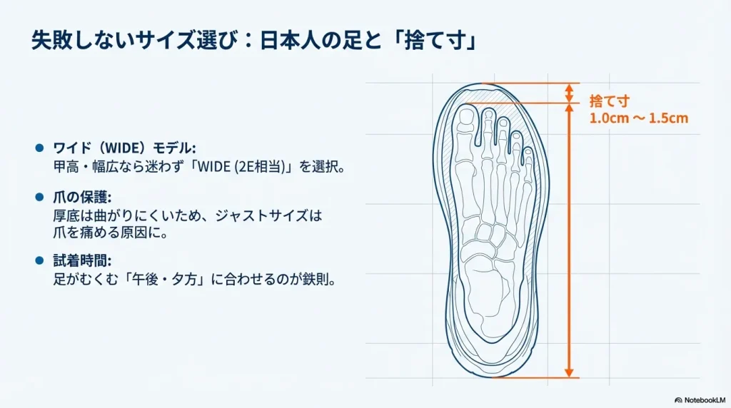 失敗しないサイズ選びのポイント。ワイドモデル（2E相当）の選択、爪を痛めないための捨て寸 $1.0cm\approx1.5cm$、むくむ午後の試着を推奨。