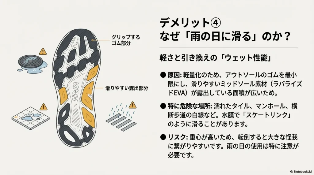 ホカオネオネのアウトソール図解。ゴム部分が少なく、滑りやすいミッドソール素材が露出している面積が広いことを示す図。